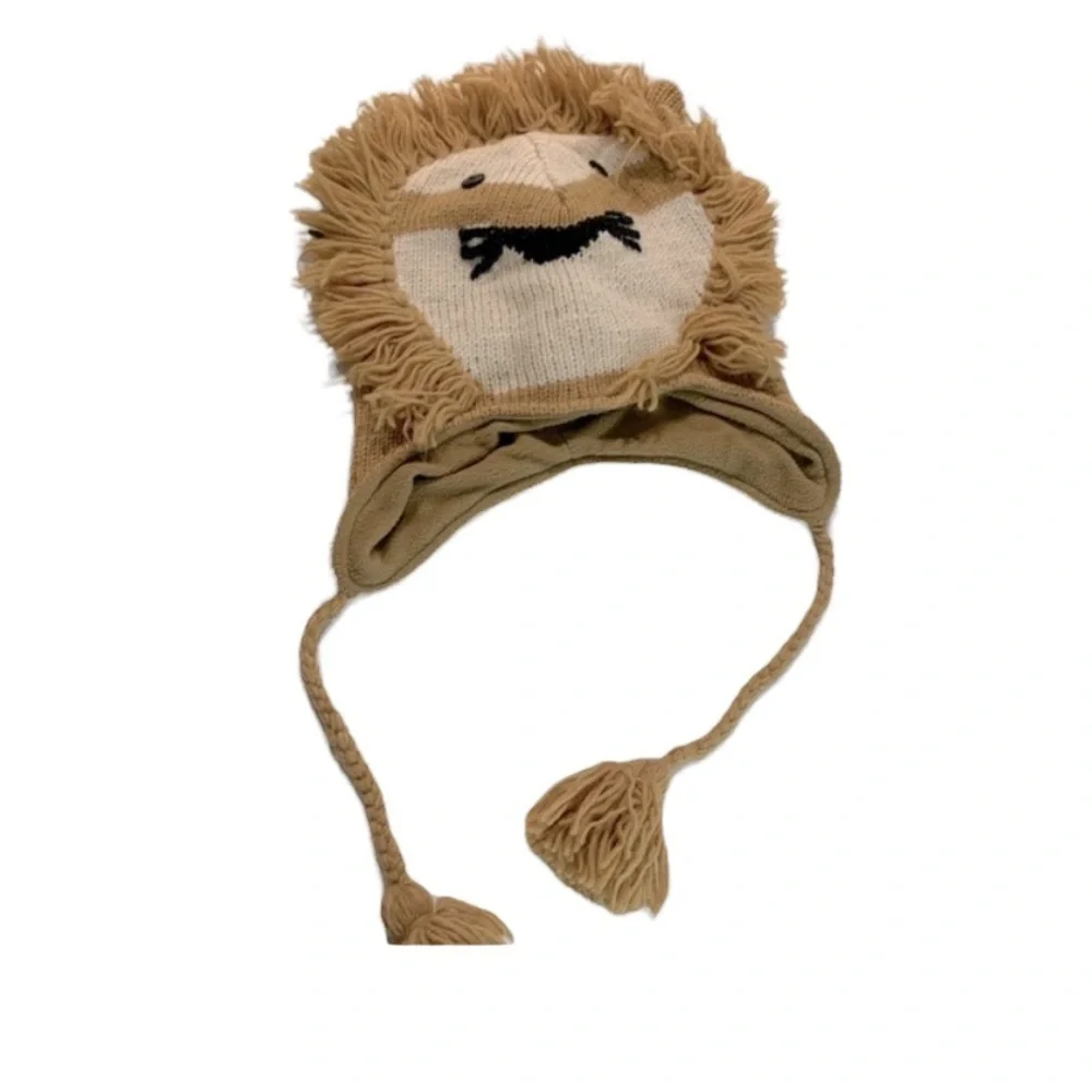 Lion Beanie Peace 100% Wool Large Warm Cozy Zoo Animal Theme Brown Khaky